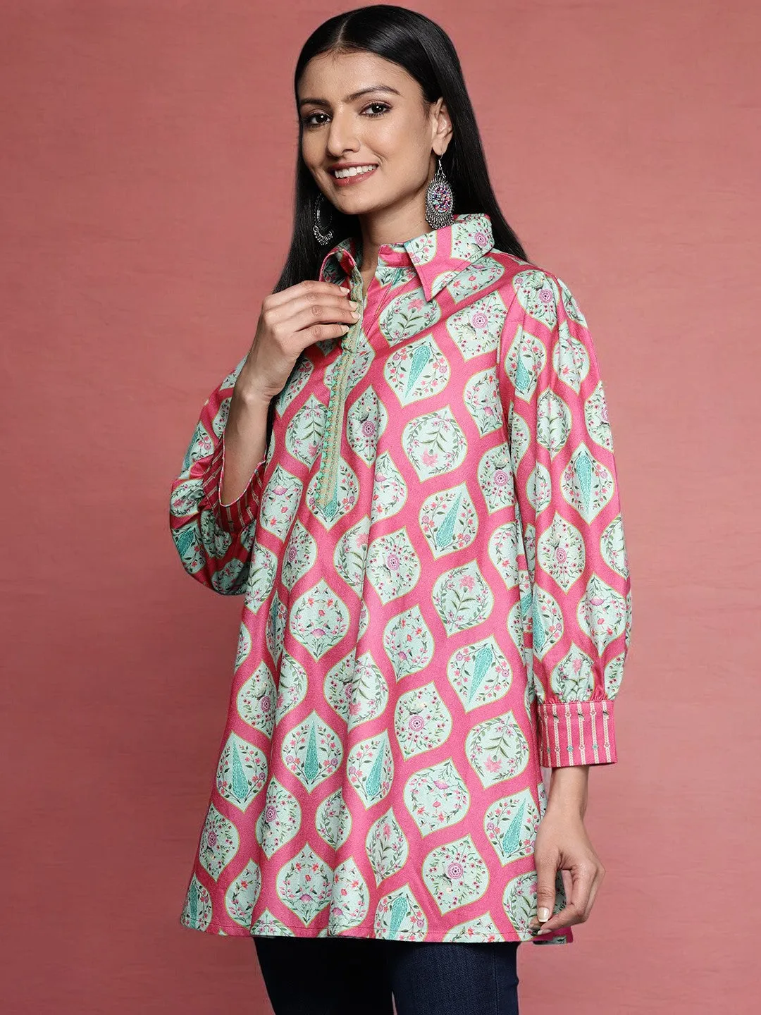 Jashvi Fuchsia Shirt Collar Velvet Digital Printed Tunic