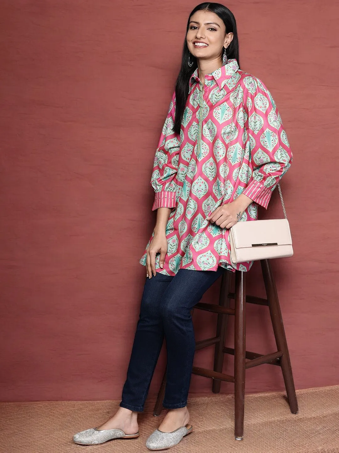 Jashvi Fuchsia Shirt Collar Velvet Digital Printed Tunic