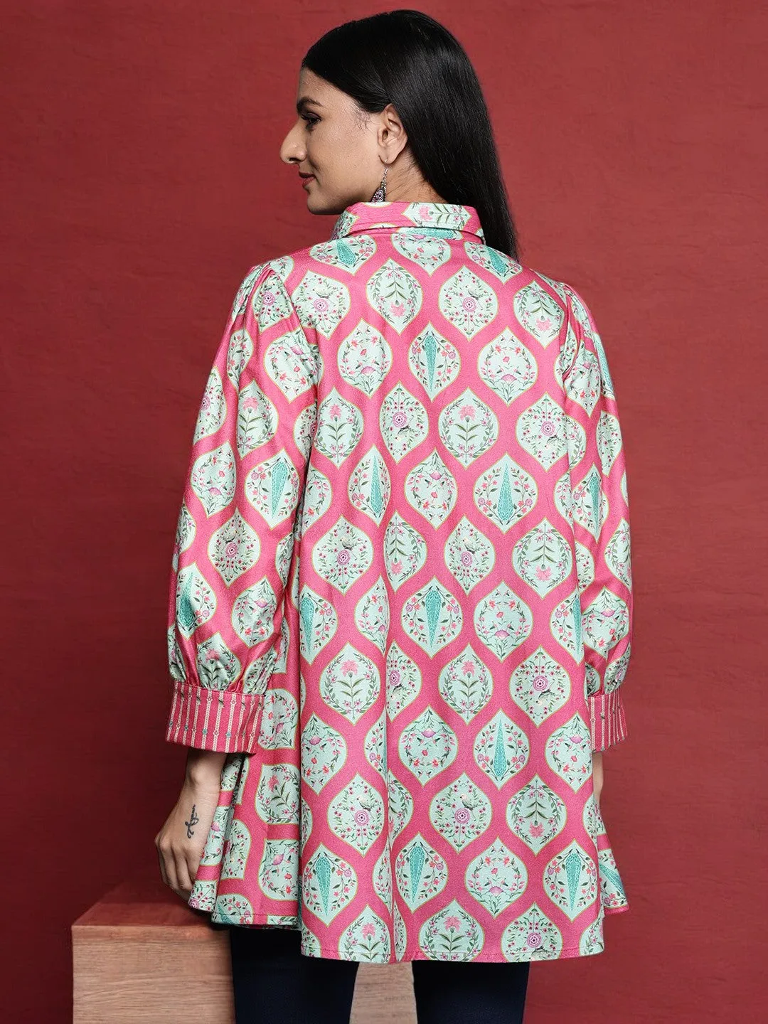 Jashvi Fuchsia Shirt Collar Velvet Digital Printed Tunic