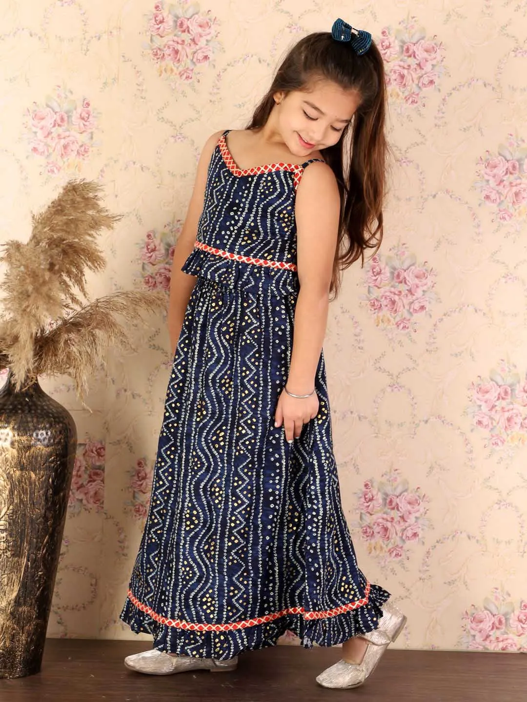 Jashvi Girl's Blue Bandhani Top And Long Skirt Set