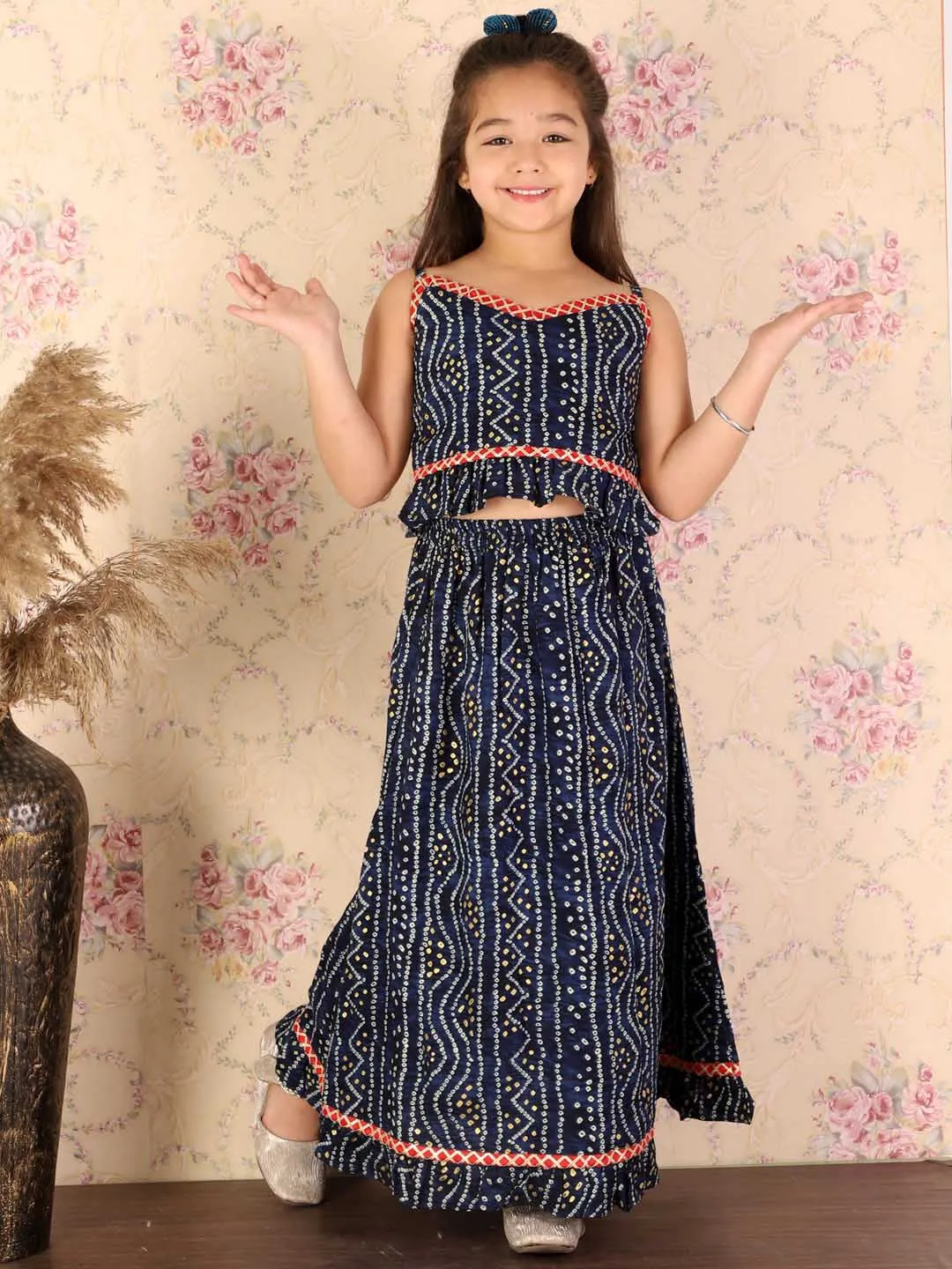 Jashvi Girl's Blue Bandhani Top And Long Skirt Set