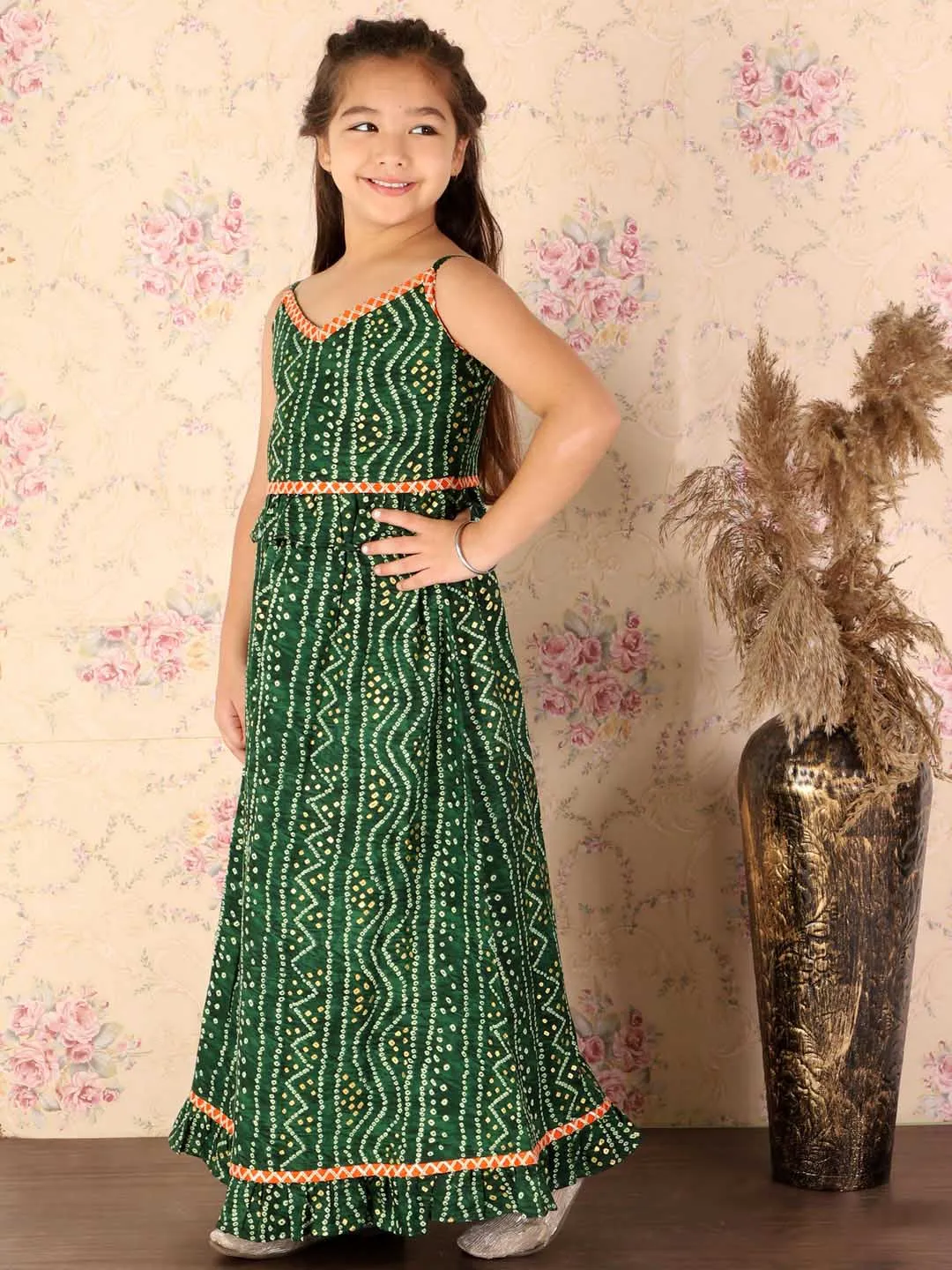 Jashvi Girl's Green Bandhani Top And Long Skirt Set