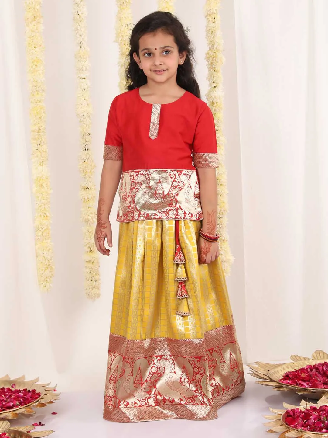 Jashvi Girl's Maroon And Yellow Pavda Pattu Lehenga Choli Set