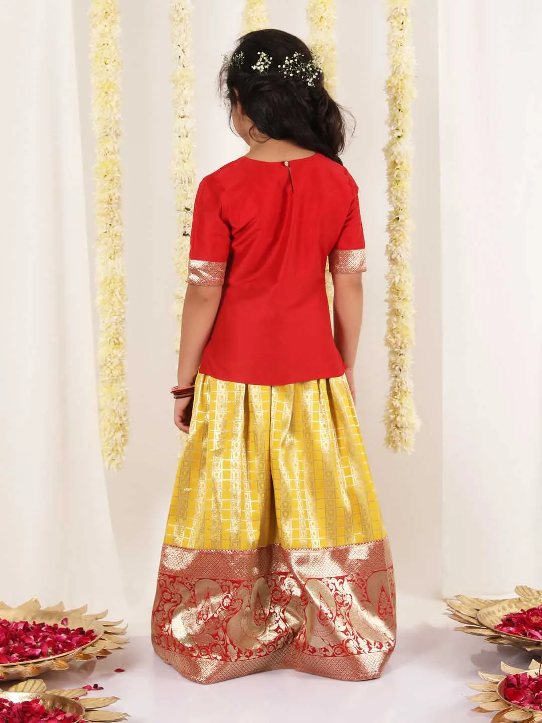 Jashvi Girl's Maroon And Yellow Pavda Pattu Lehenga Choli Set