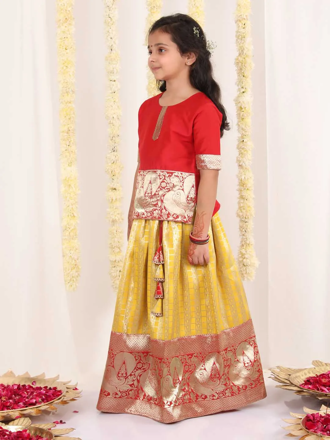 Jashvi Girl's Maroon And Yellow Pavda Pattu Lehenga Choli Set