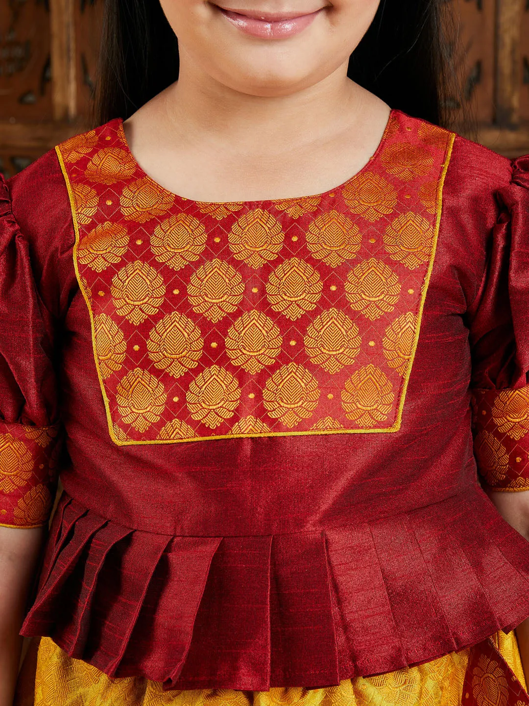 Jashvi Girl's Maroon Jacquard Top And Skirt Set