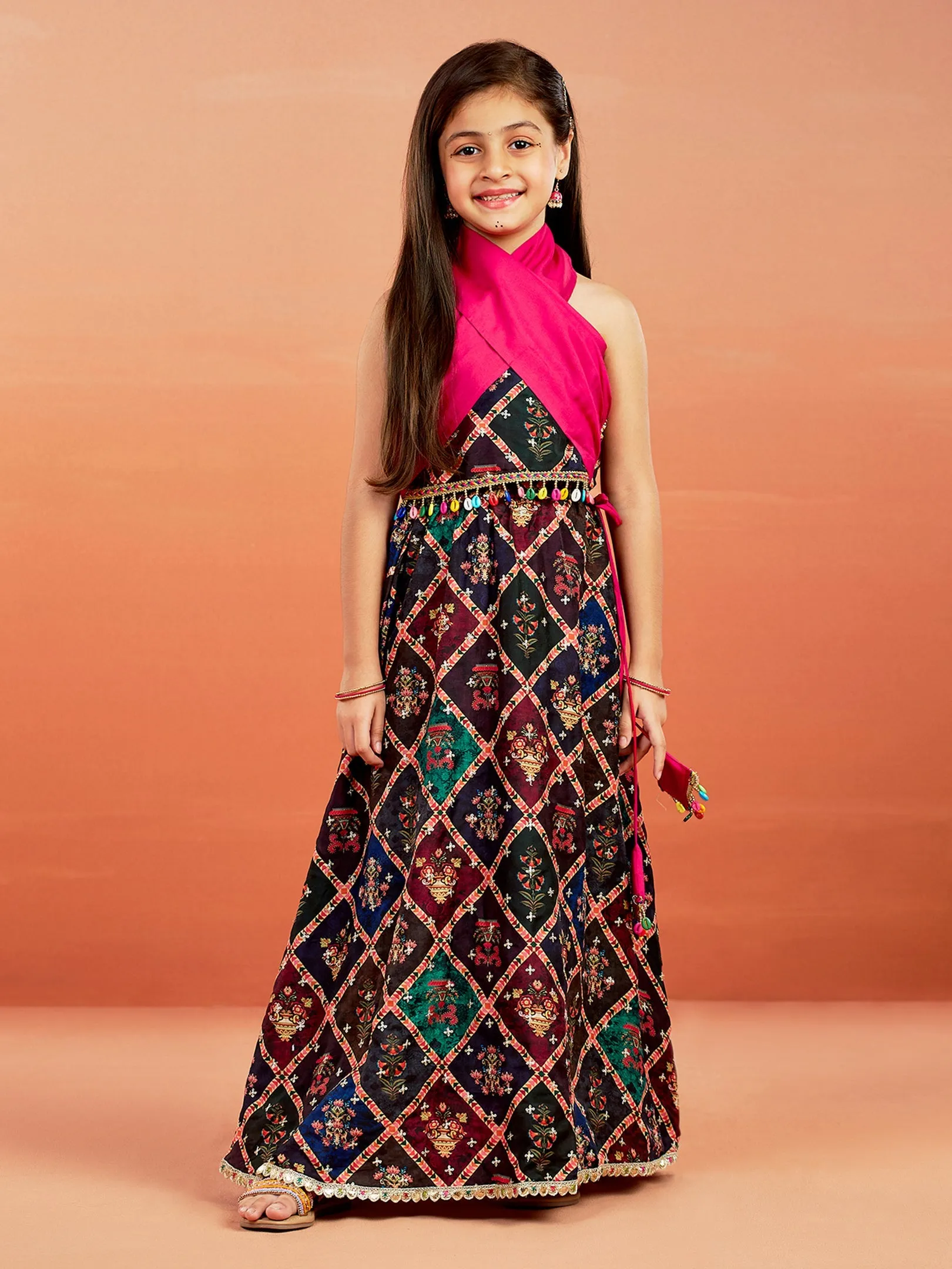 Jashvi Girls' Multi Color Printed Cotton Blend Lehenga Set