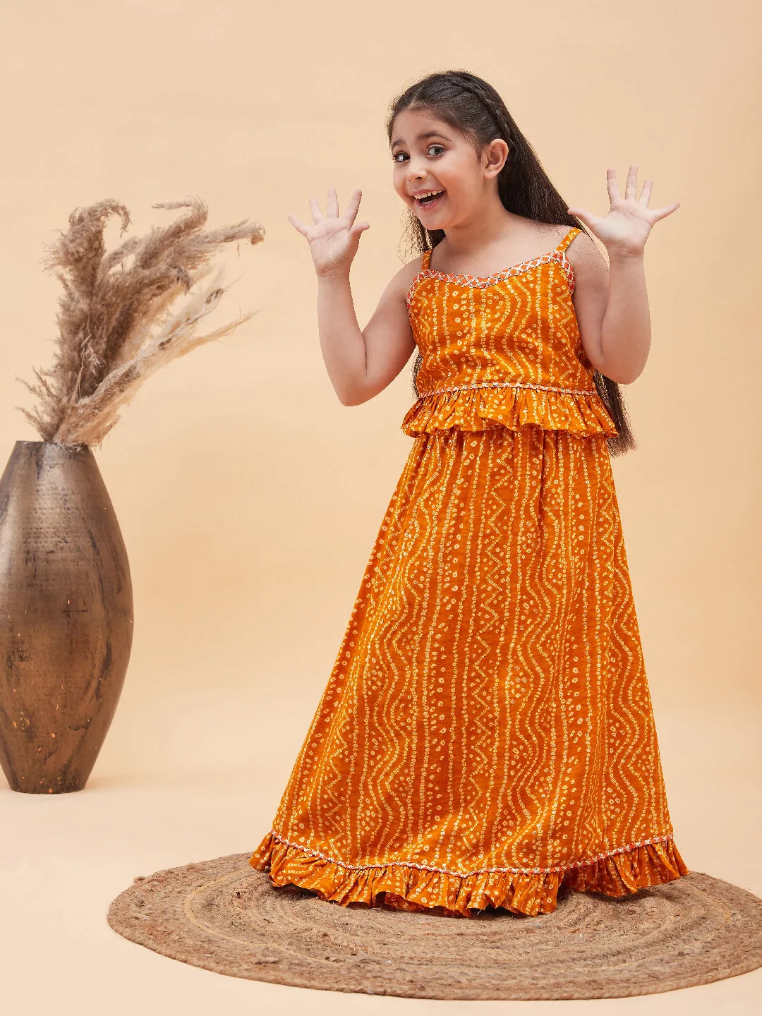 Jashvi Girl's Orange Bandhani Top And Long Skirt Set