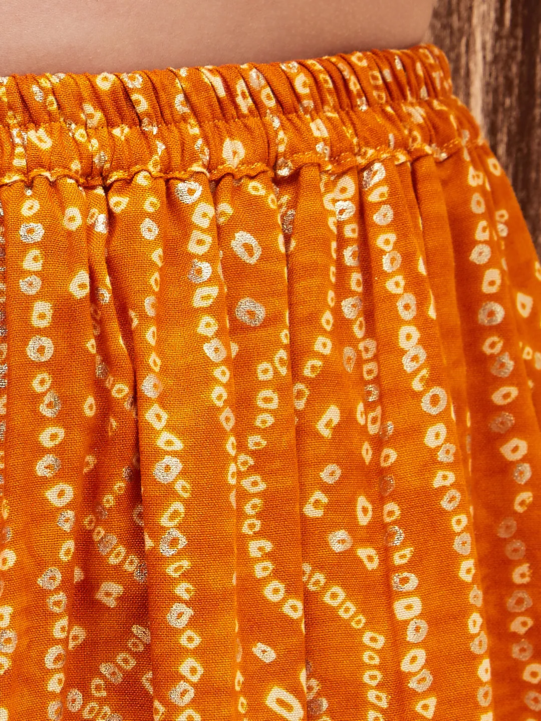 Jashvi Girl's Orange Bandhani Top And Long Skirt Set