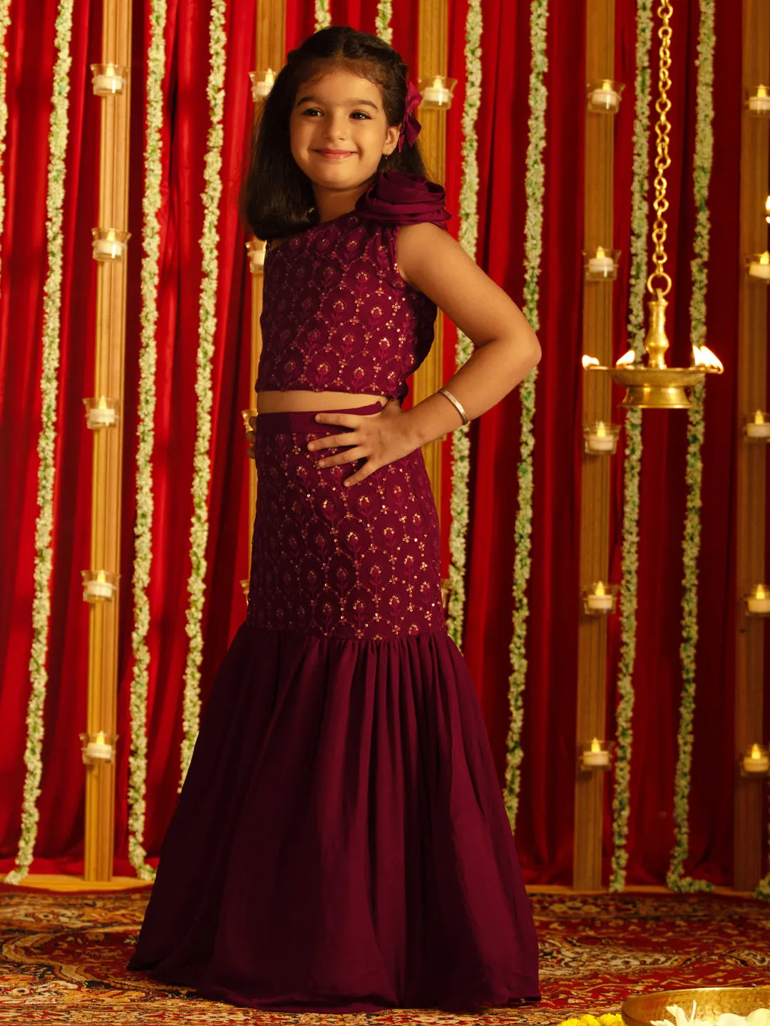 Jashvi Girls' Wine Fish Cut Sequined Skirt And Top Set