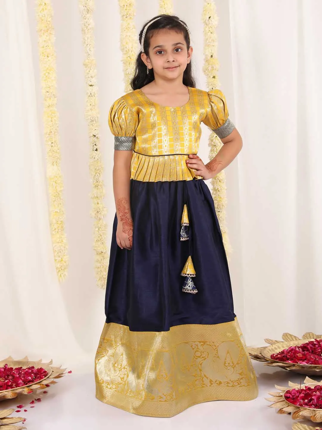 Jashvi Girl's Yellow And Blue Pavda Pattu Lehenga Choli Set