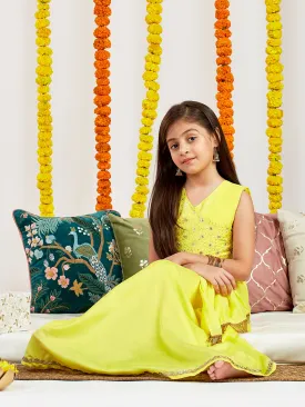 Jashvi Girls' Yellow Embroidered Crop Top And Blended Skit With Attached Pleated Dupatta Set