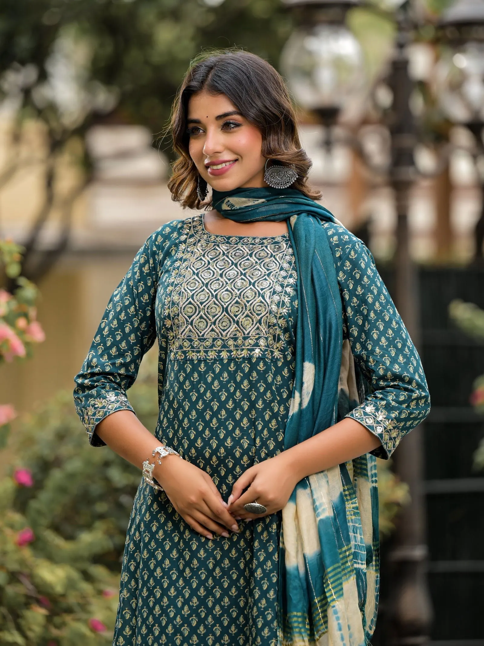 Jashvi Green Ethnic Motif Printed Cotton Kurta, Pant And Dupatta Set With Zari Work & Sequins