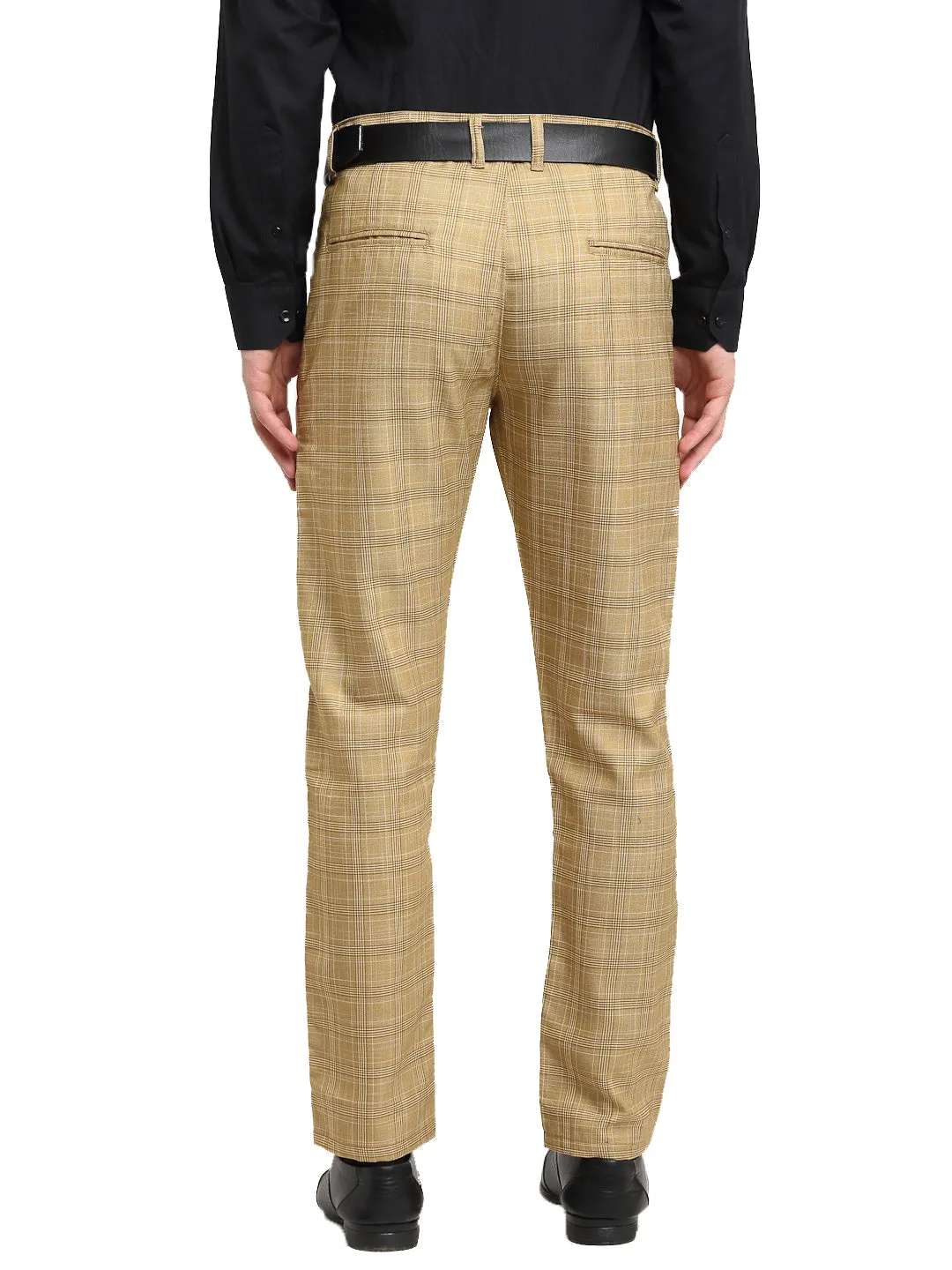 Jashvi Men's Beige Cotton Checked Formal Trousers