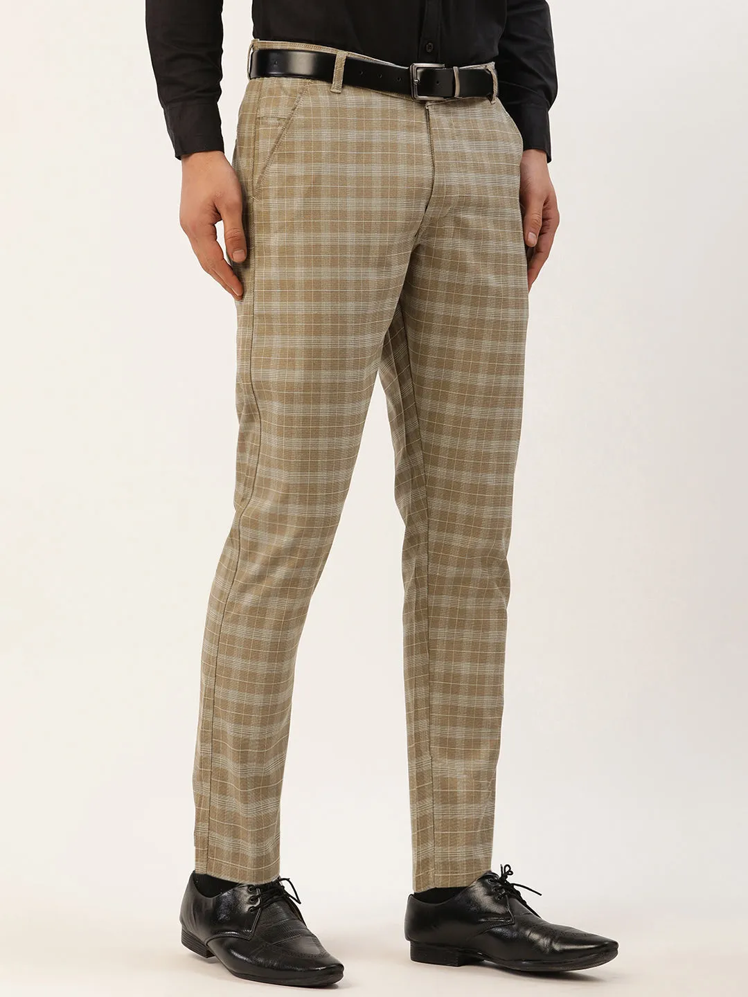 Jashvi Men's Beige Tartan Checked Formal Trousers