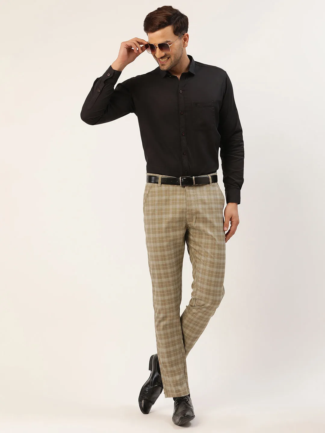 Jashvi Men's Beige Tartan Checked Formal Trousers