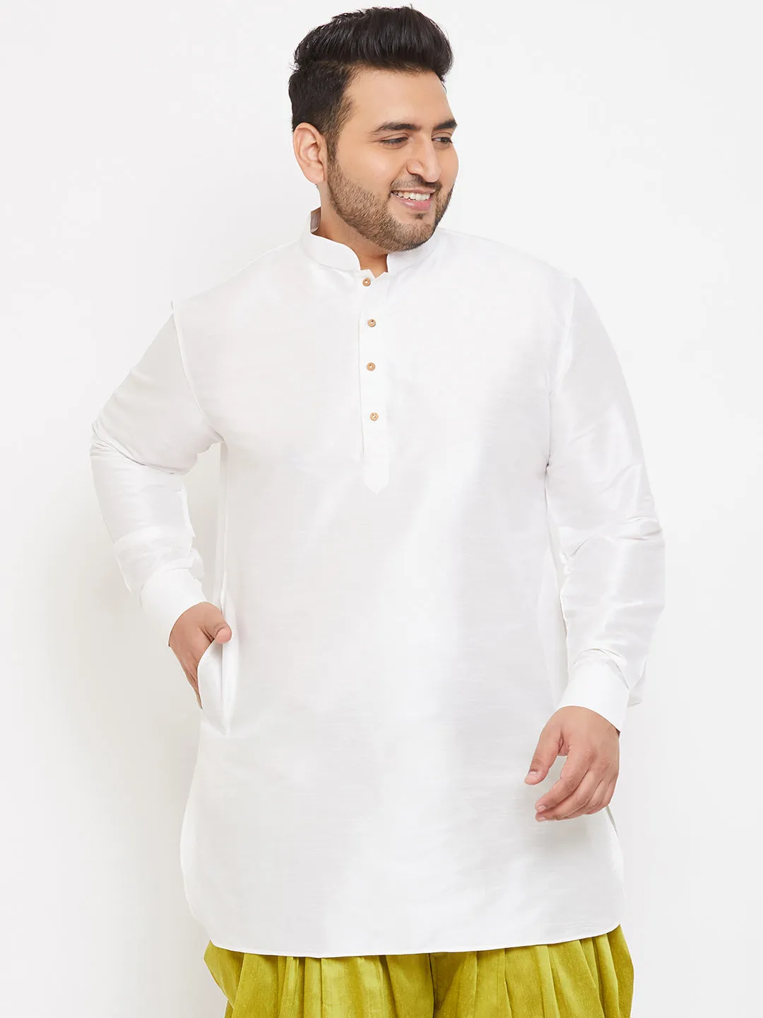 Jashvi Men's Plus Size White Silk Blend Curved Kurta