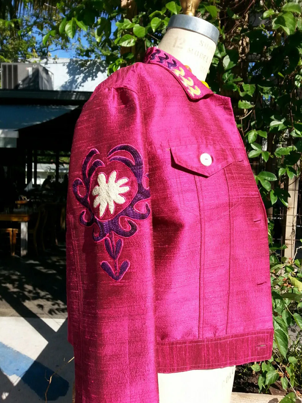 Jean Jacket Vintage Suzani Embroidery Raspberry Emerald