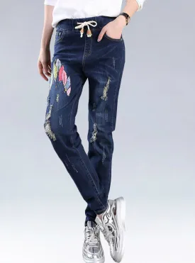 Jeans Floral Print Women Boyfriend Pencil Pants