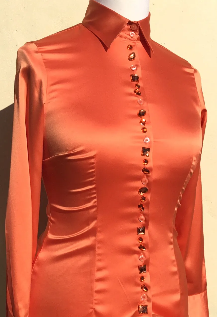 JEWELLERED ORANGE SATIN SHIRT - SINGLE CUFF