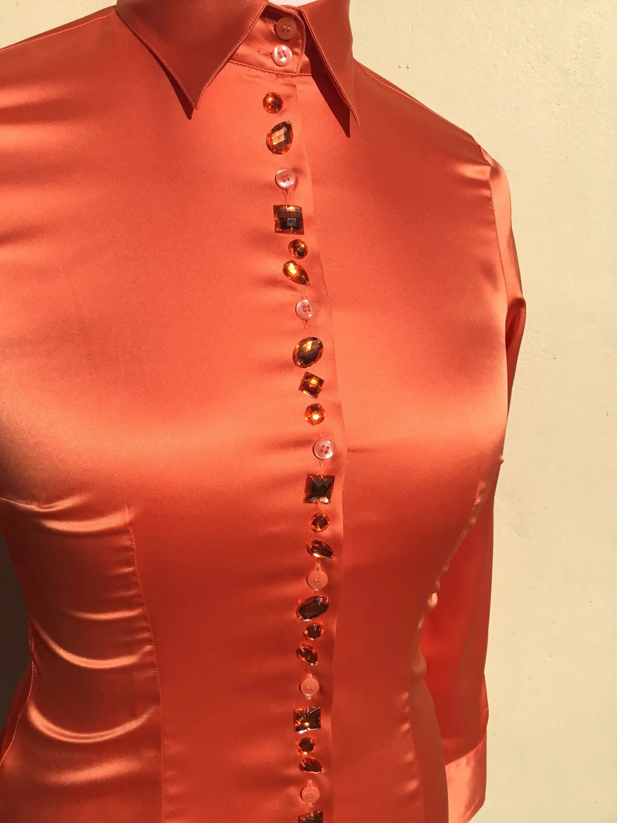 JEWELLERED ORANGE SATIN SHIRT - SINGLE CUFF