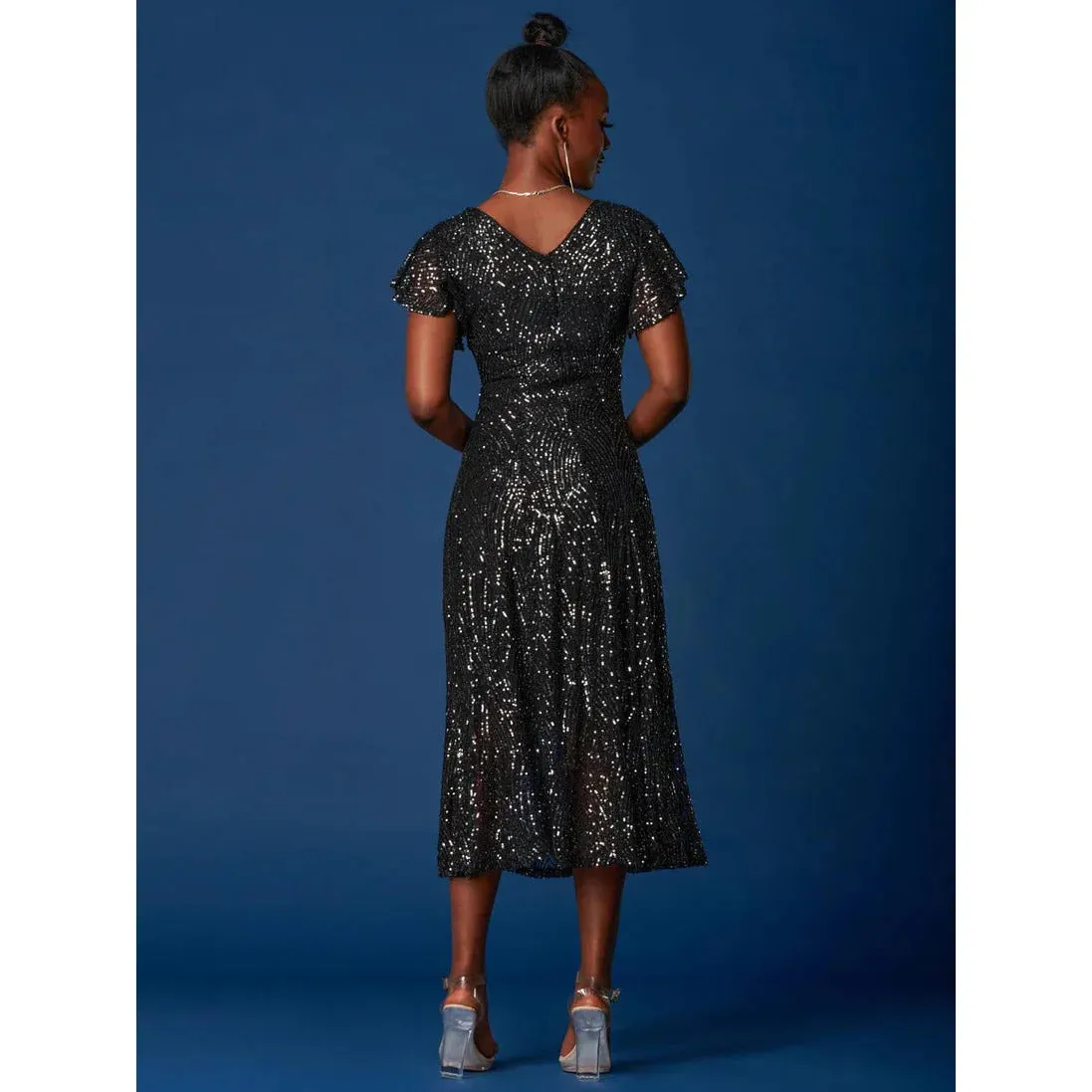 Jolie Moi Black Sequin Fit & Flare Angel Wing Sleeve Dress