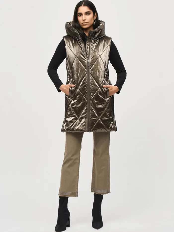 Joseph Ribkoff Quilted Hooded Puffer Gilet In Metallic Taupe 243940 Col 8012