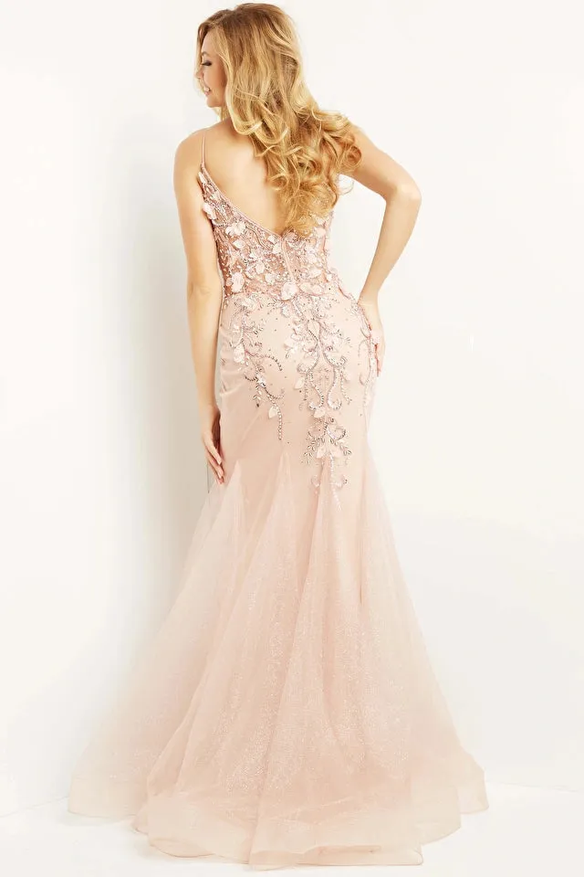 Jovani - 05839: Floral Embellished Evening Gown with Sheer Bodice