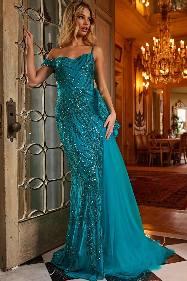 JOVANI - 23777 - PEACOCK BEADED SHEATH EVENING DRESS