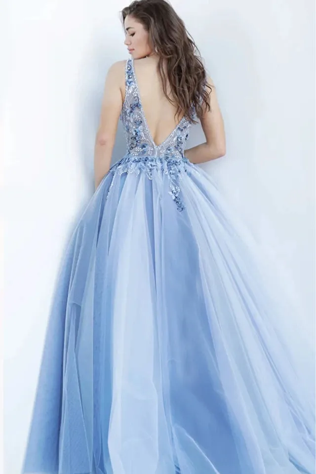 JOVANI 3110 - Blue Floral Embellished Ballgown