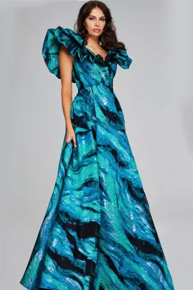 Jovani - 40696 - Ruffled Cap Sleeve Gown in Teal Multi