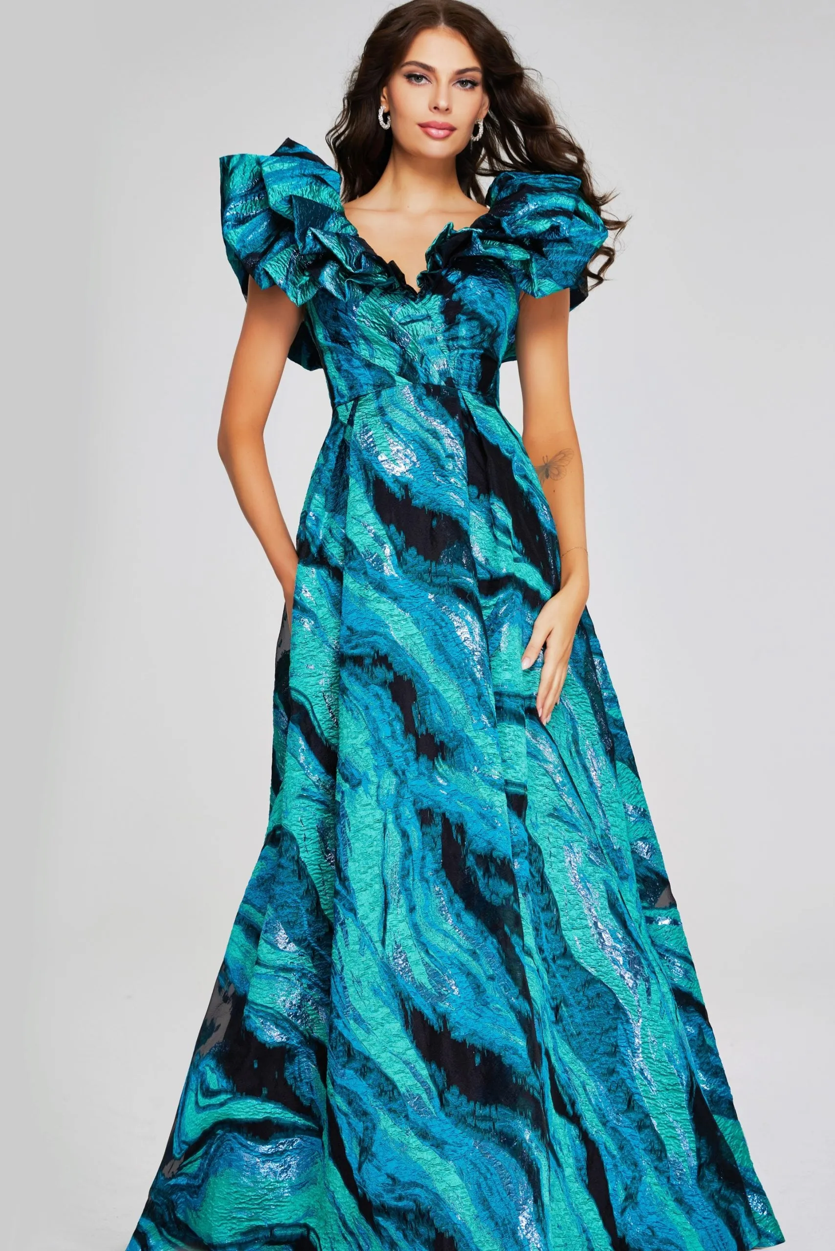 Jovani - 40696 - Ruffled Cap Sleeve Gown in Teal Multi