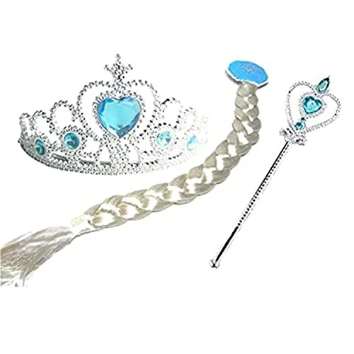 Kaku Fancy Dresses Plastic Fairy Tales Character Princes Elsa Accessories Crown, Wig & Wand -White-Silver, 3-10 Years, For Girls