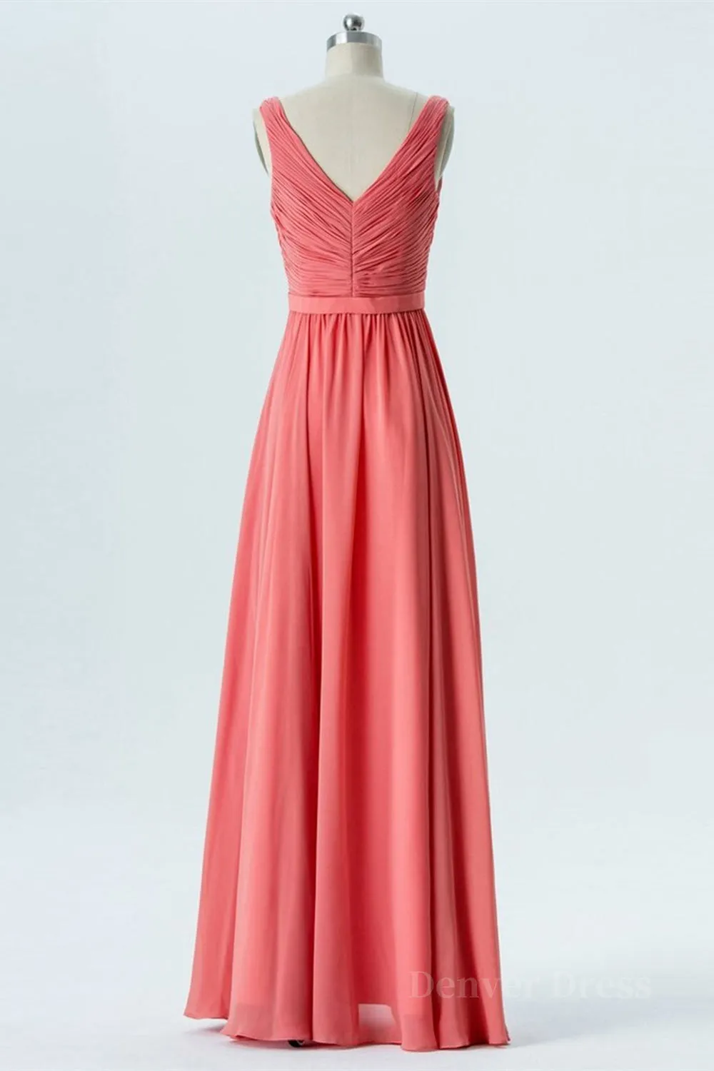 kamahe V Neck and V Back High Low Coral Chiffon Long Prom Dresses, Long Coral Formal Evening Bridesmaid Dresses with Slit