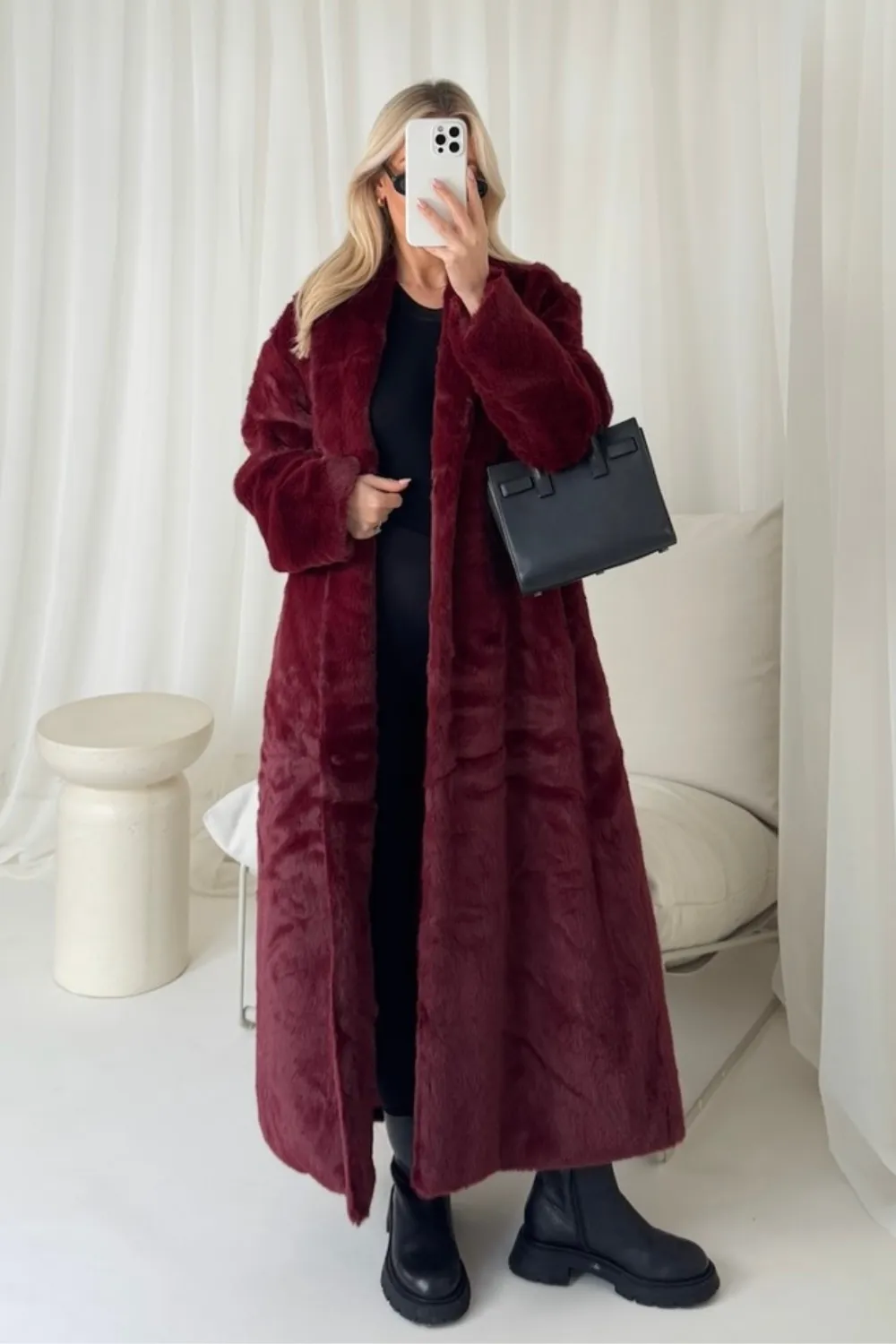 Kate burgundy longline faux fur coat