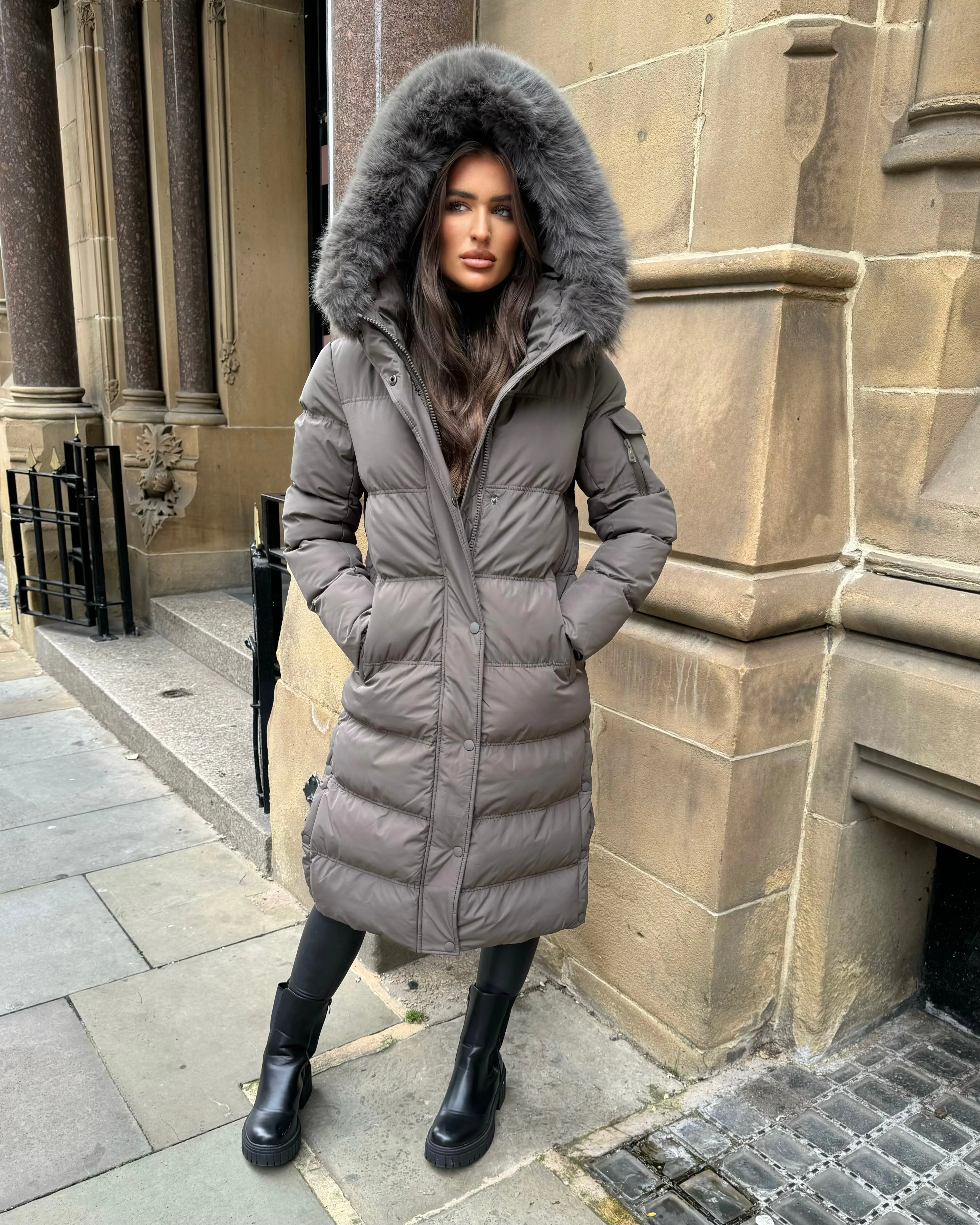 Keke Long Quilted Faux Fur Hood Coat- Grey