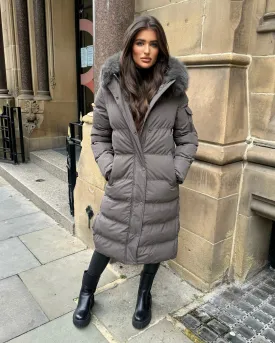 Keke Long Quilted Faux Fur Hood Coat- Grey