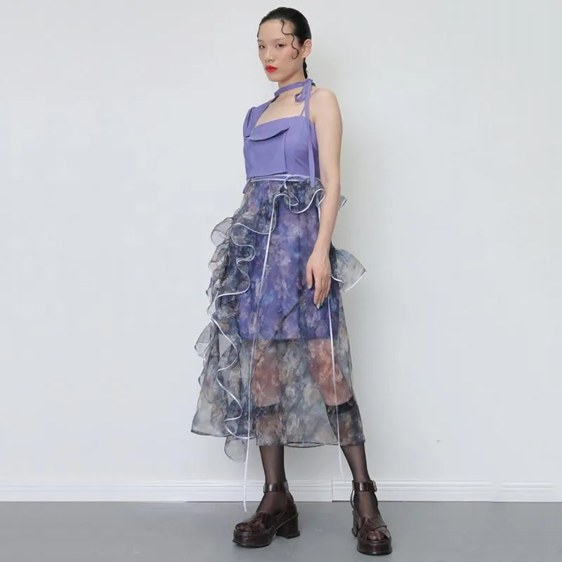 Keomi Printed Mesh Ruffle Irregular Skirt