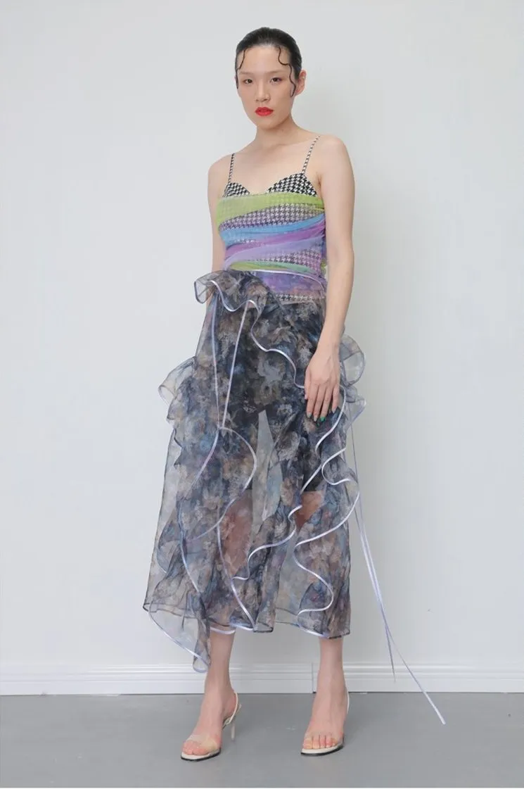 Keomi Printed Mesh Ruffle Irregular Skirt