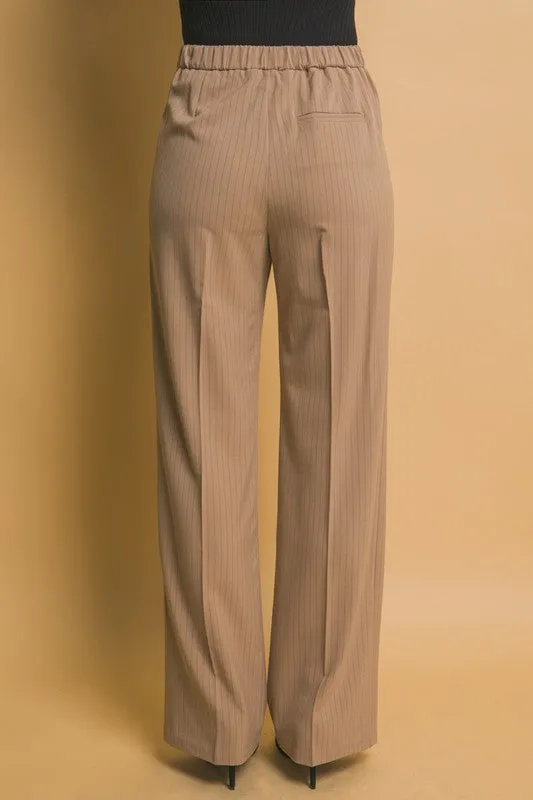 Khaki Formal Striped Straight-Leg Pants