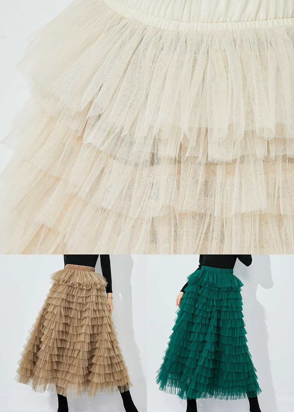 Khaki Layered Tulle A Line Skirt Exra Large Hem Summer LY0842