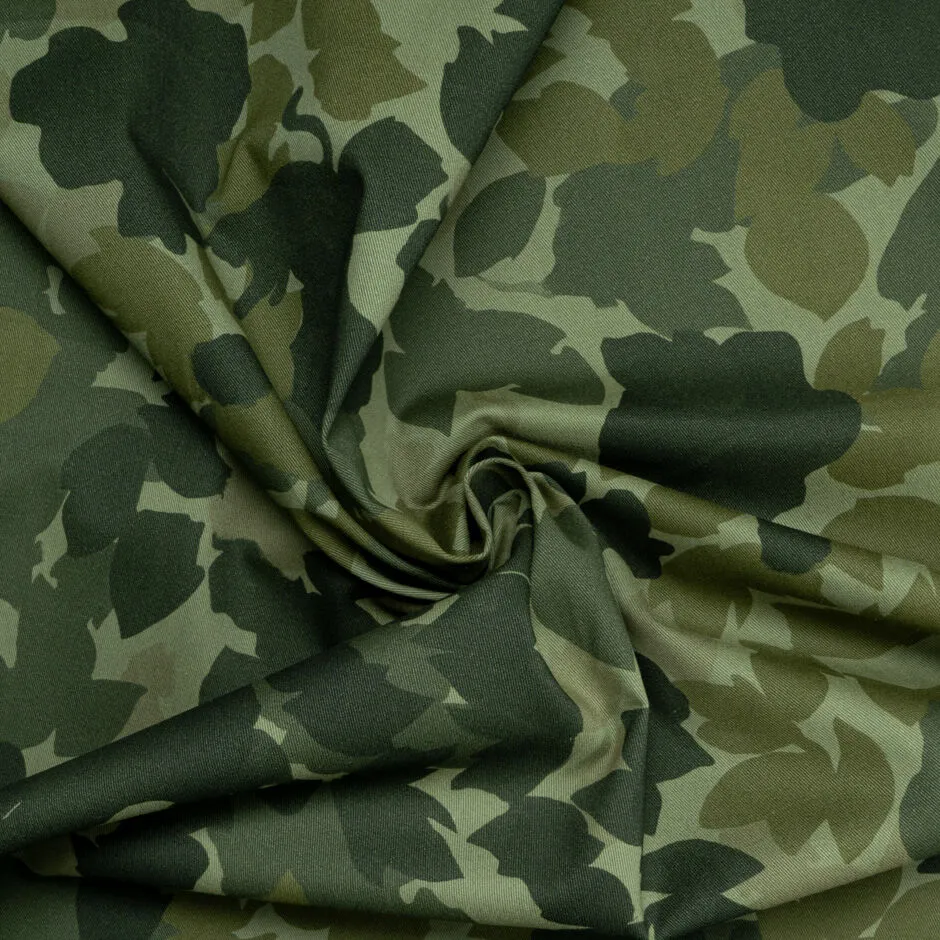 Khaki Leaf Camouflaged Printed Cotton Denim