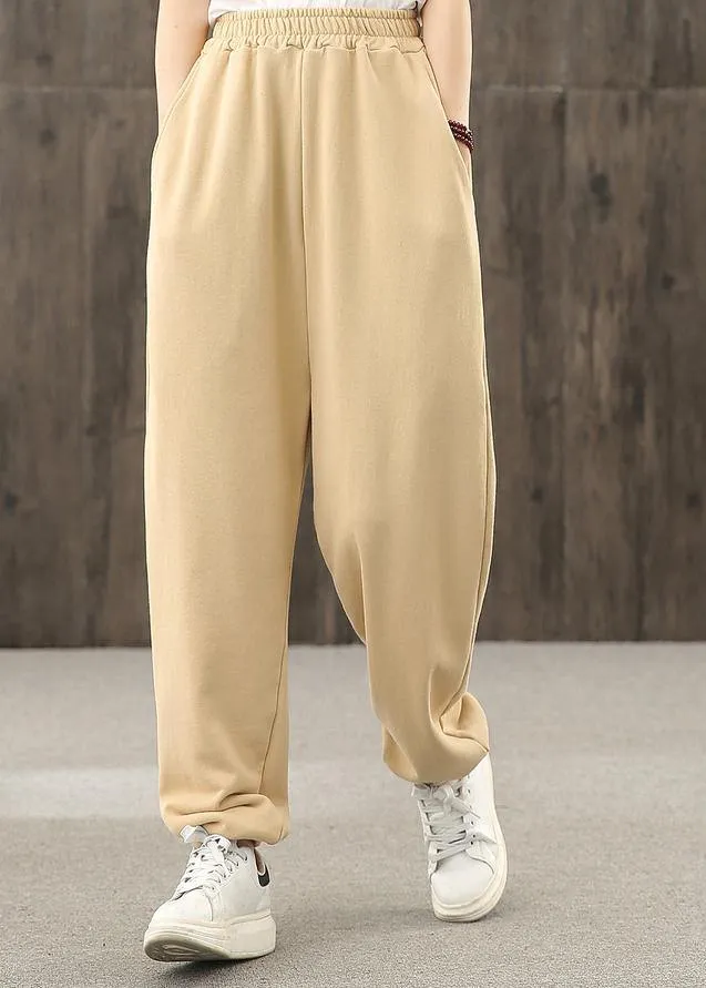 Khaki pockets decoration elastic waist casual pants loose harem pants