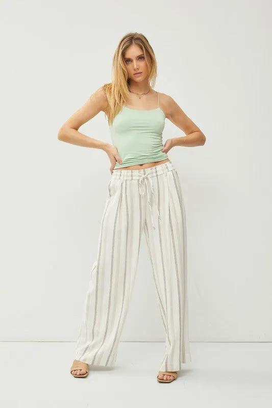 Khaki Striped Linen Blend Wide Leg Pants