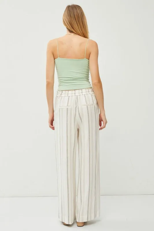 Khaki Striped Linen Blend Wide Leg Pants