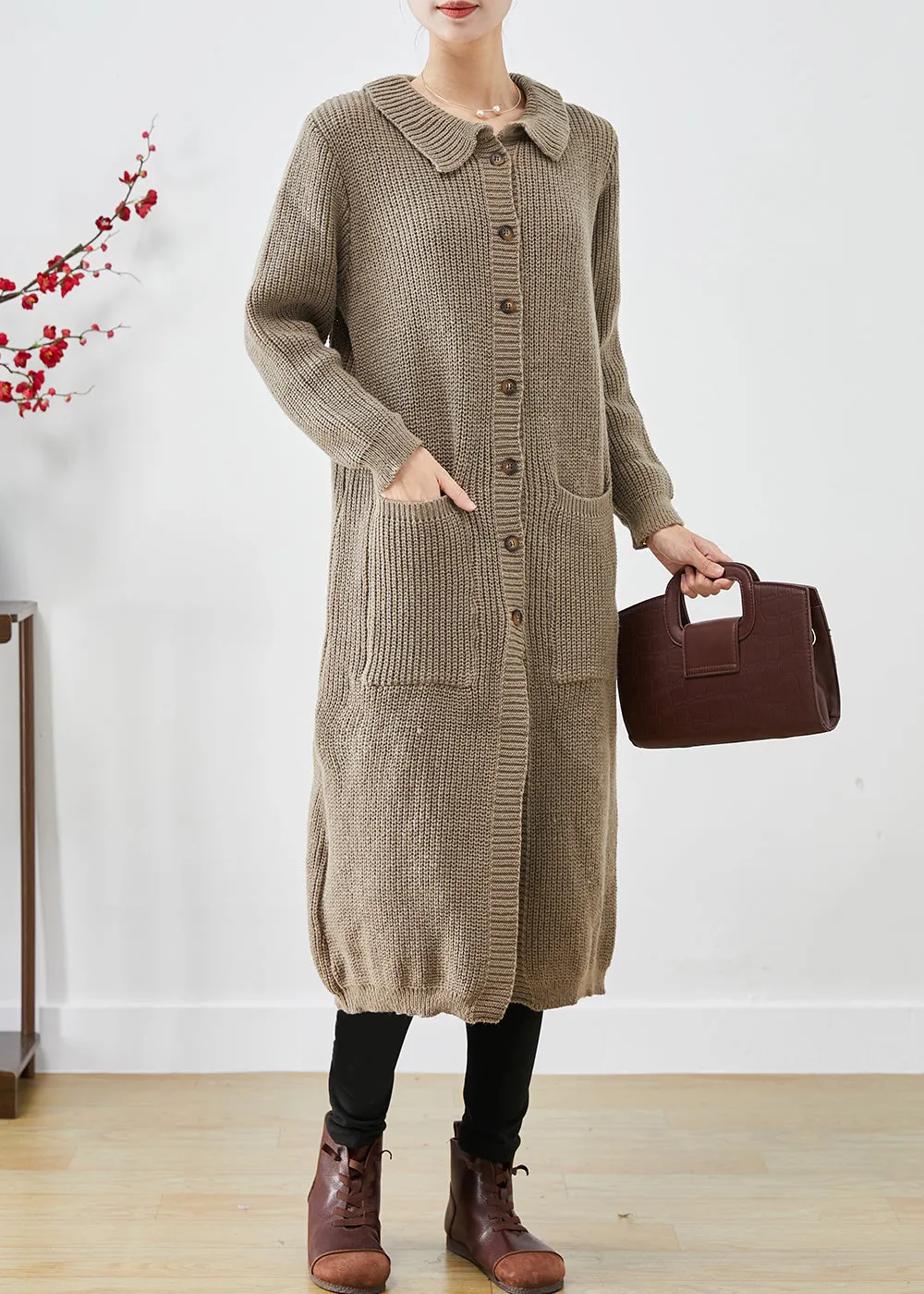 Khaki Thick Knit Trench Coats Oversized Pockets Fall