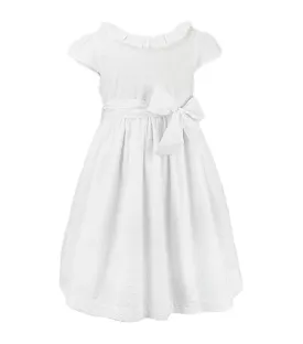 Kiara Girls White Dress with Ruffled Neck and Bow Belt tie Front