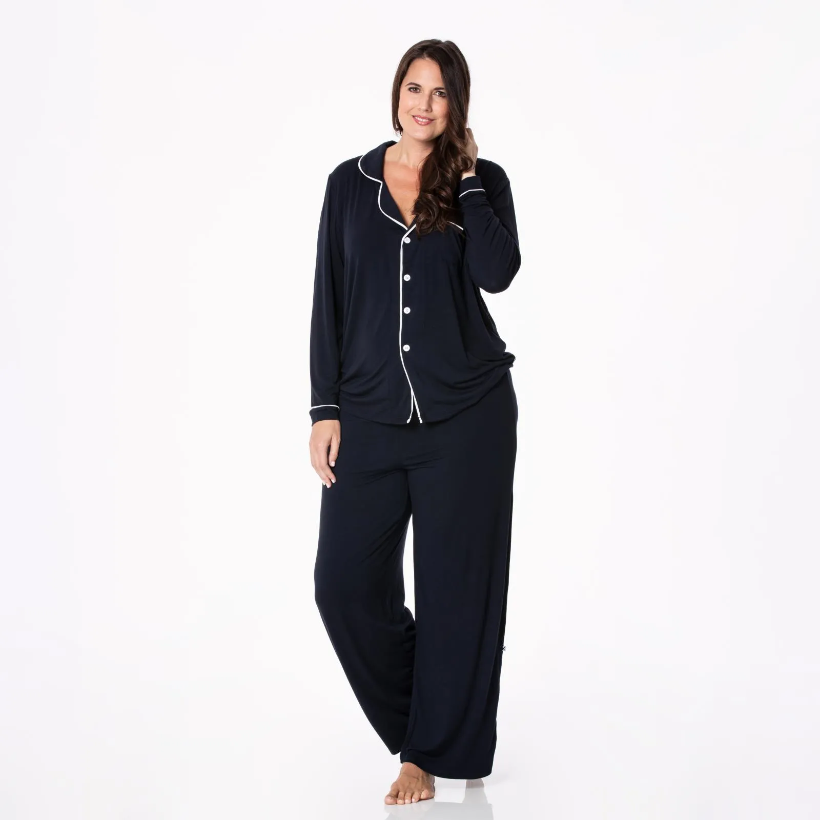 KicKee Pants Solid Deep Space w/Natural Women's L/S Collared Pajama Set