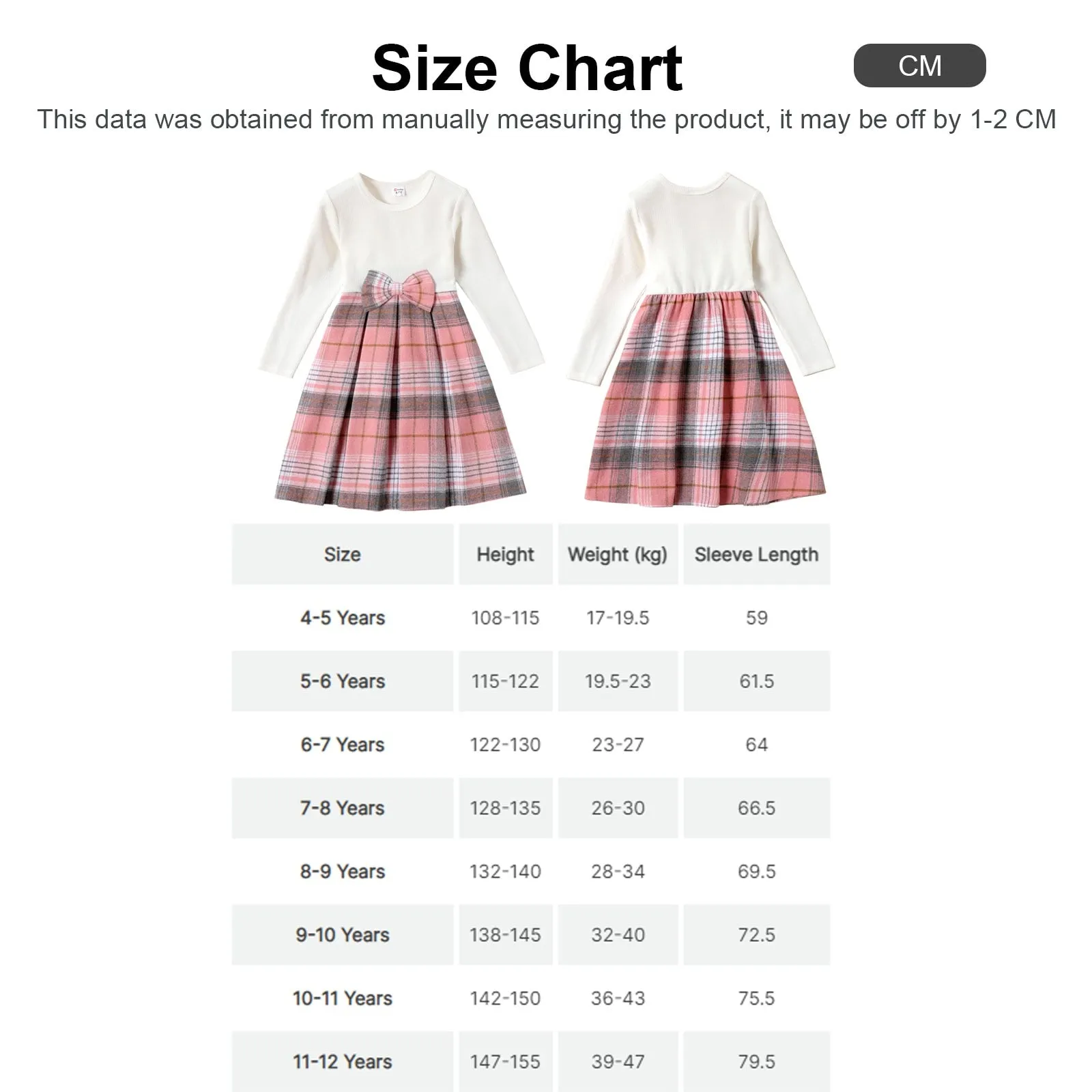 Kid Girl Bowknot Design Ribbed Plaid Splice Long-sleeve Dress - KGD8324