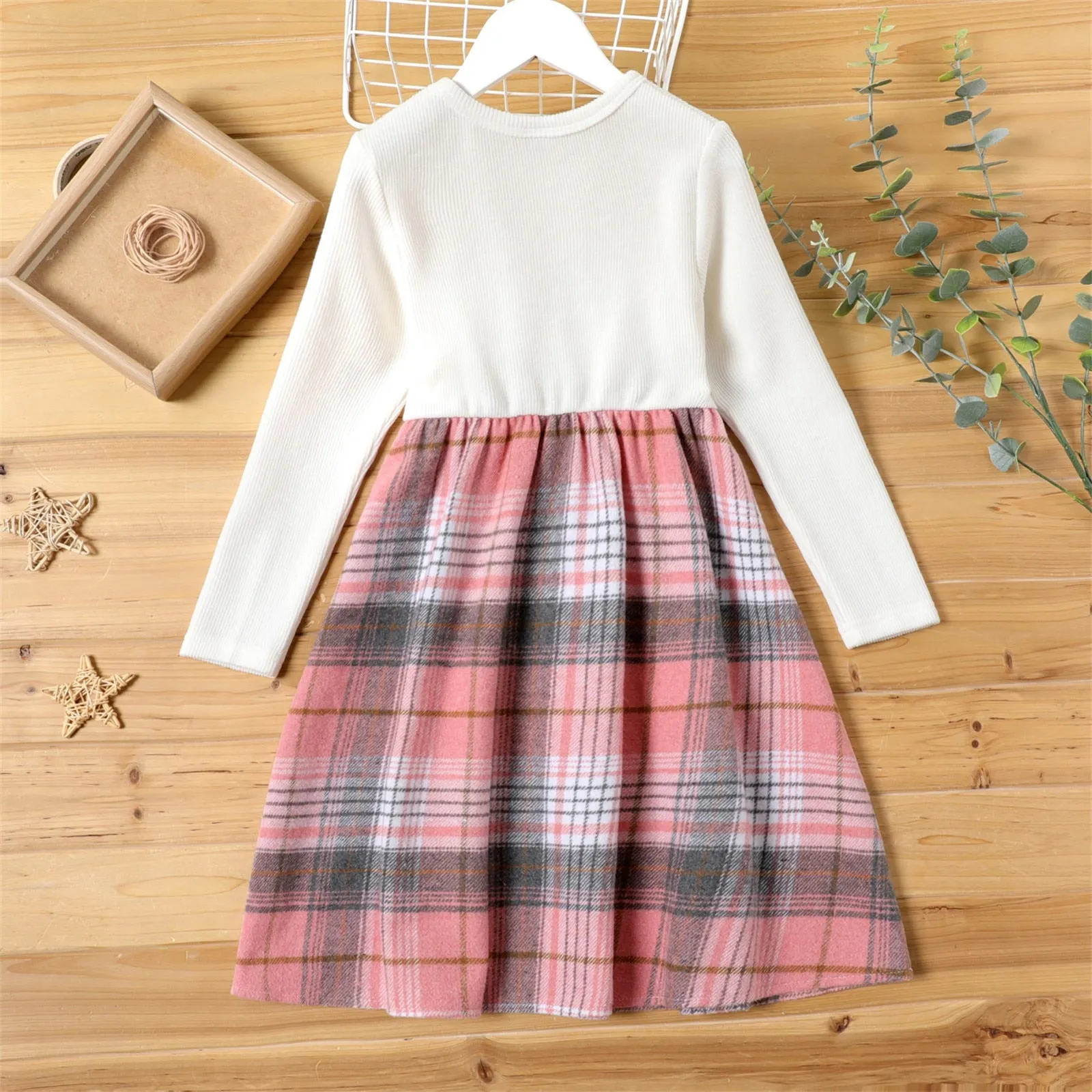 Kid Girl Bowknot Design Ribbed Plaid Splice Long-sleeve Dress - KGD8324